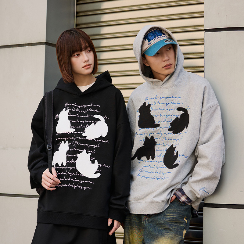 PSO Brand男装女装毛巾底贴布刺绣猫猫灰连帽卫衣情侣美式外套