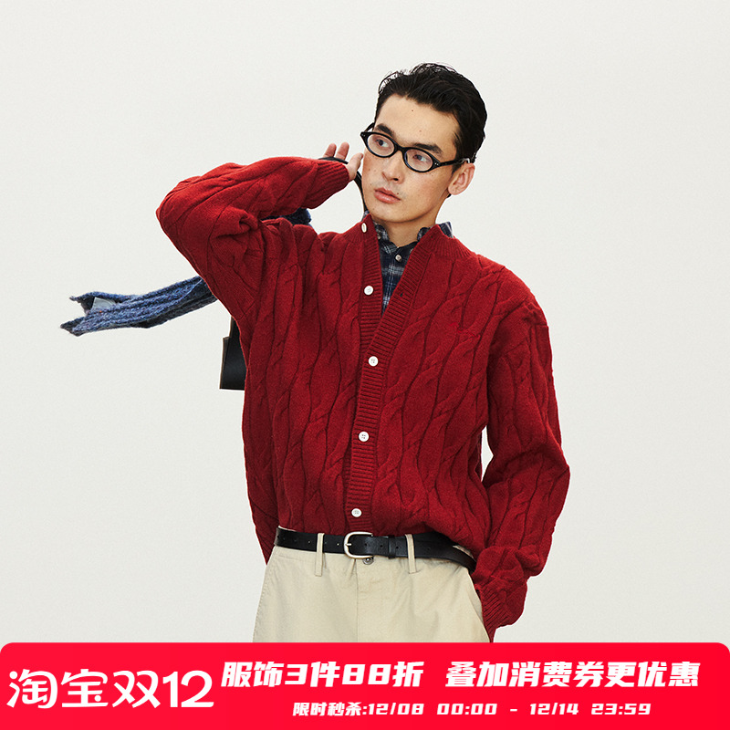 PSO Brand男装女装腈纶混纺麻花纹理红色针织开衫毛衣春秋毛线衣