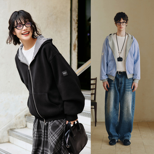 格纹连帽卫衣宽松长袖 PSO 双面穿 女装 拉链外套百搭 Brand男装