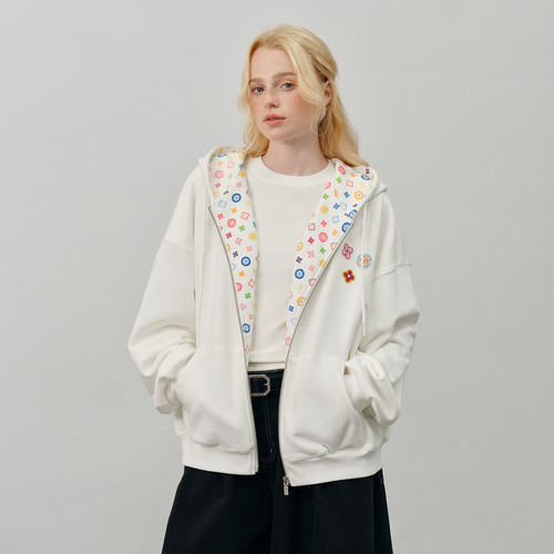 PSO Brand男装女装彩色花纹连帽白色卫衣男款宽松休闲外套情侣装