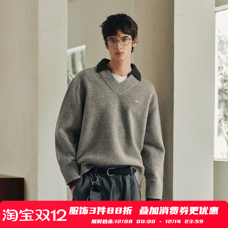 PSO Brand男装女装学院风假两件撞色V领仿马海毛毛衣外套针织衫秋