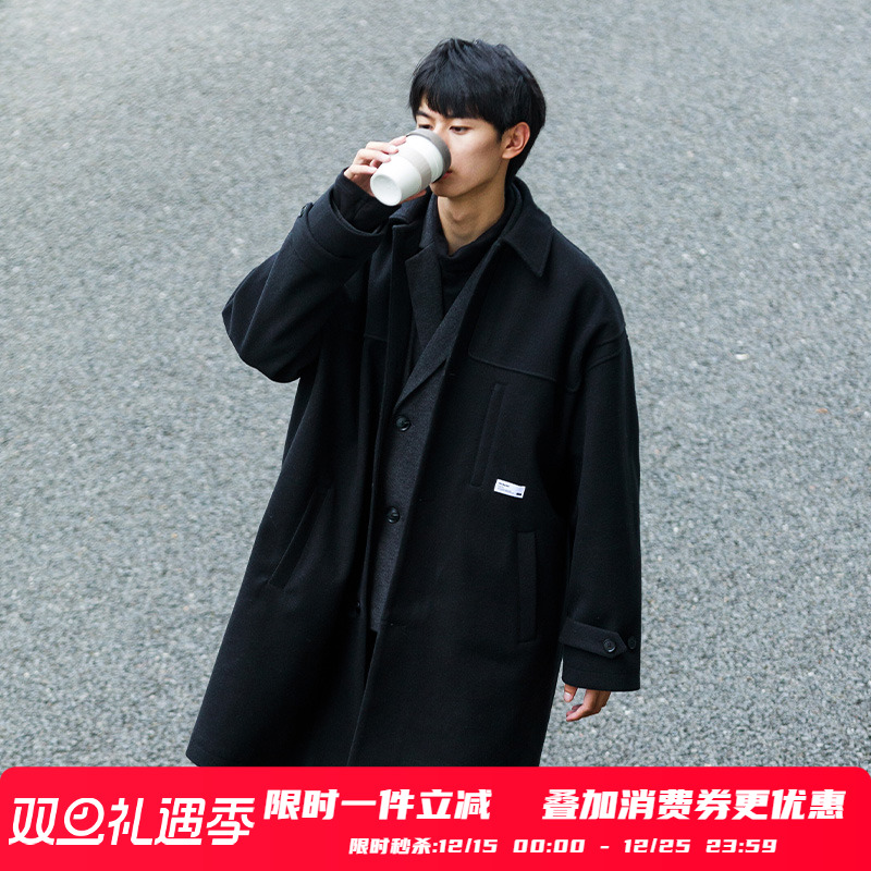 PSO Brand男装女装保暖黑色毛呢大衣男中长款冬季呢子外套情侣