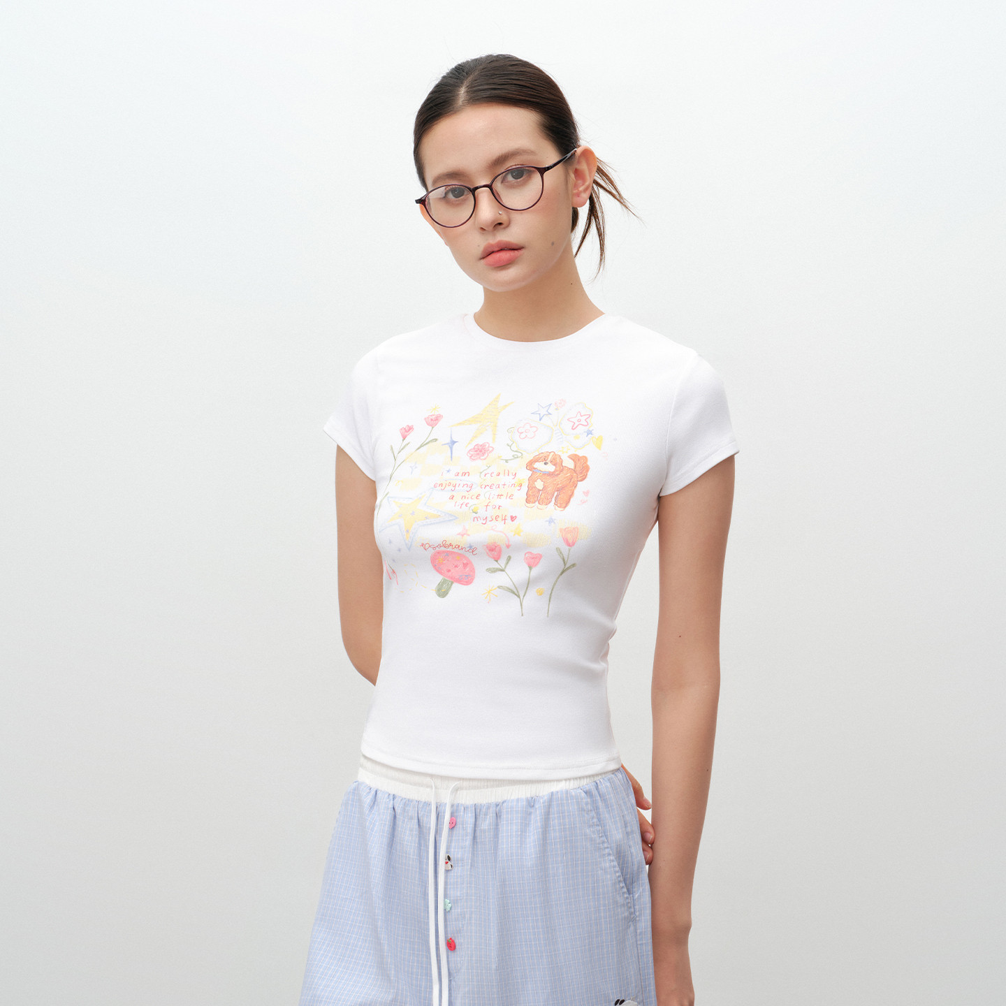 PSO Brand女装可爱涂鸦圆领白色短袖女t恤修身显瘦正肩上衣潮牌图片