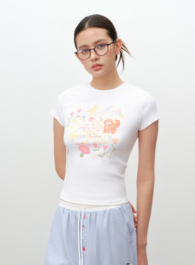 PSO Brand女装可爱涂鸦圆领白色短袖女t恤修身显瘦正肩上衣潮牌