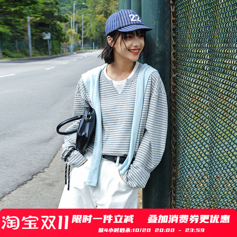 PSO Brand男装女装【假两件】针织条纹套头长袖T恤休闲上衣情侣装