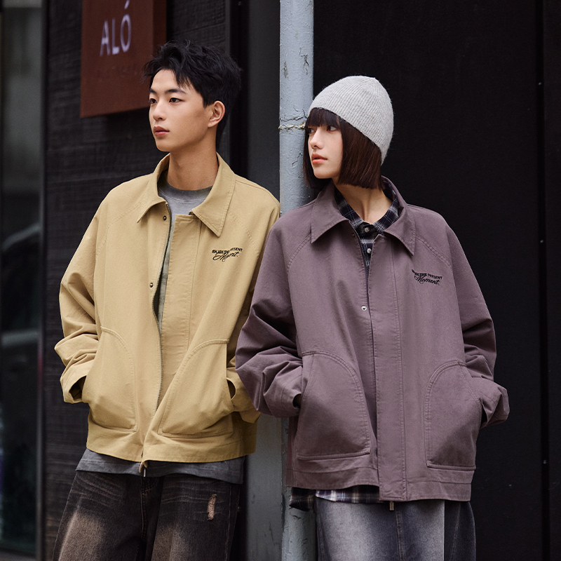 PSO Brand男装女装纯色刺绣翻领工装夹克外套潮牌宽松开衫上衣