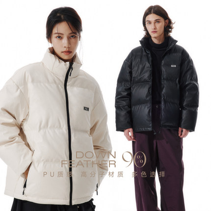 PSO Brand男女装短款PU皮羽绒服冬季潮牌加绒加厚白鸭绒立领外套