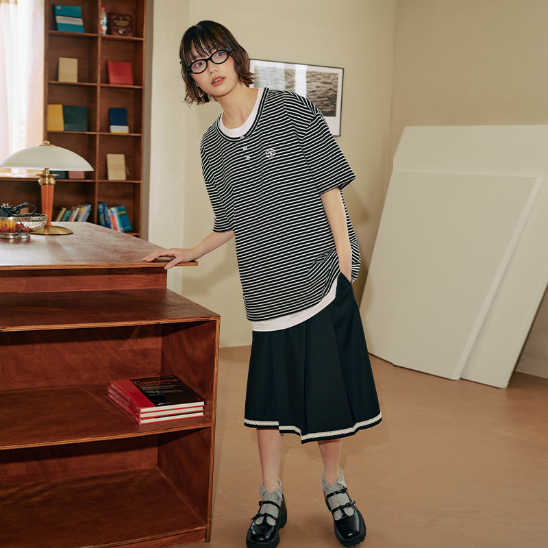 PSO Brand 男装女装【假两件亨利领】条纹刺绣小狗短袖T恤上衣