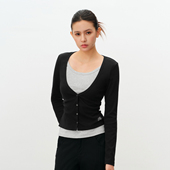 PSO 显瘦黑色上衣 女修身 Brand女装 假两件撞色大V领正肩t恤长袖