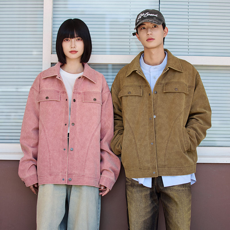 PSO Brand男装女装PU皮美式复古机车夹克外套做旧宽松棉服上衣