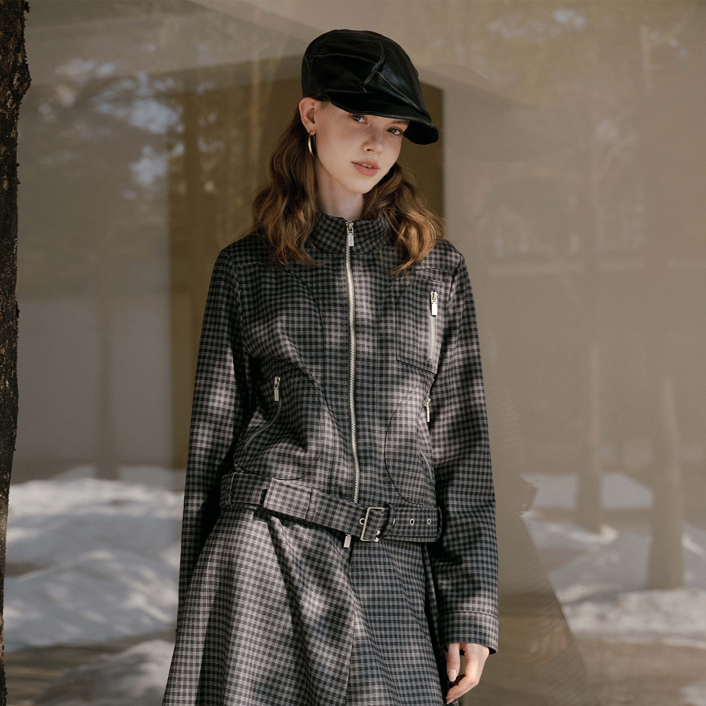 PSO Brand 女装美式复古格子可束下摆长袖修身拉链夹克外套女款秋