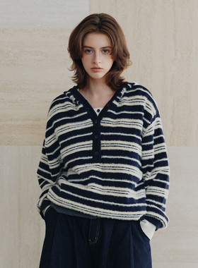 PSO Brand男装女装【假两件】仿兔绒条纹连帽情侣毛衣宽松外套女