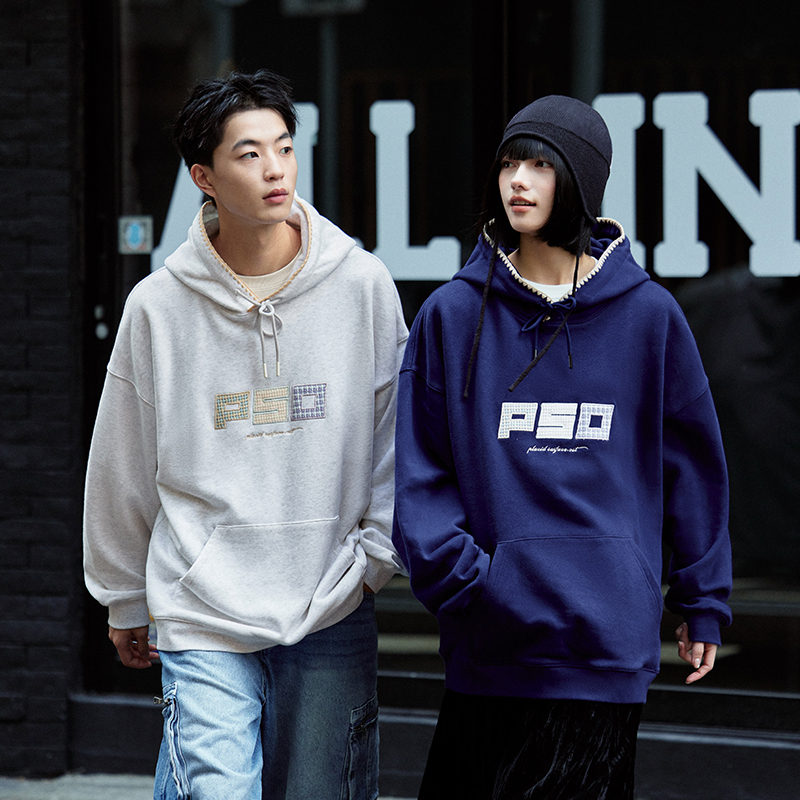 PSO Brand男装女装针织贴布绣休闲宽松抓绒连帽卫衣秋冬外套上衣