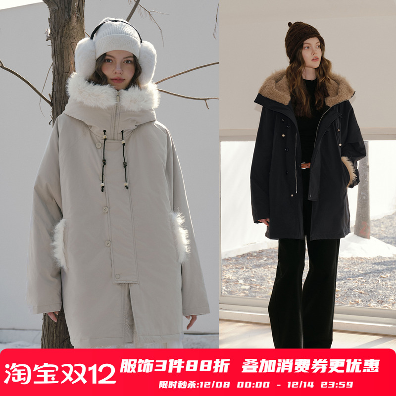 PSO Brand男装女装纯色毛领加厚棉服中长款风衣外套女款冬季保暖