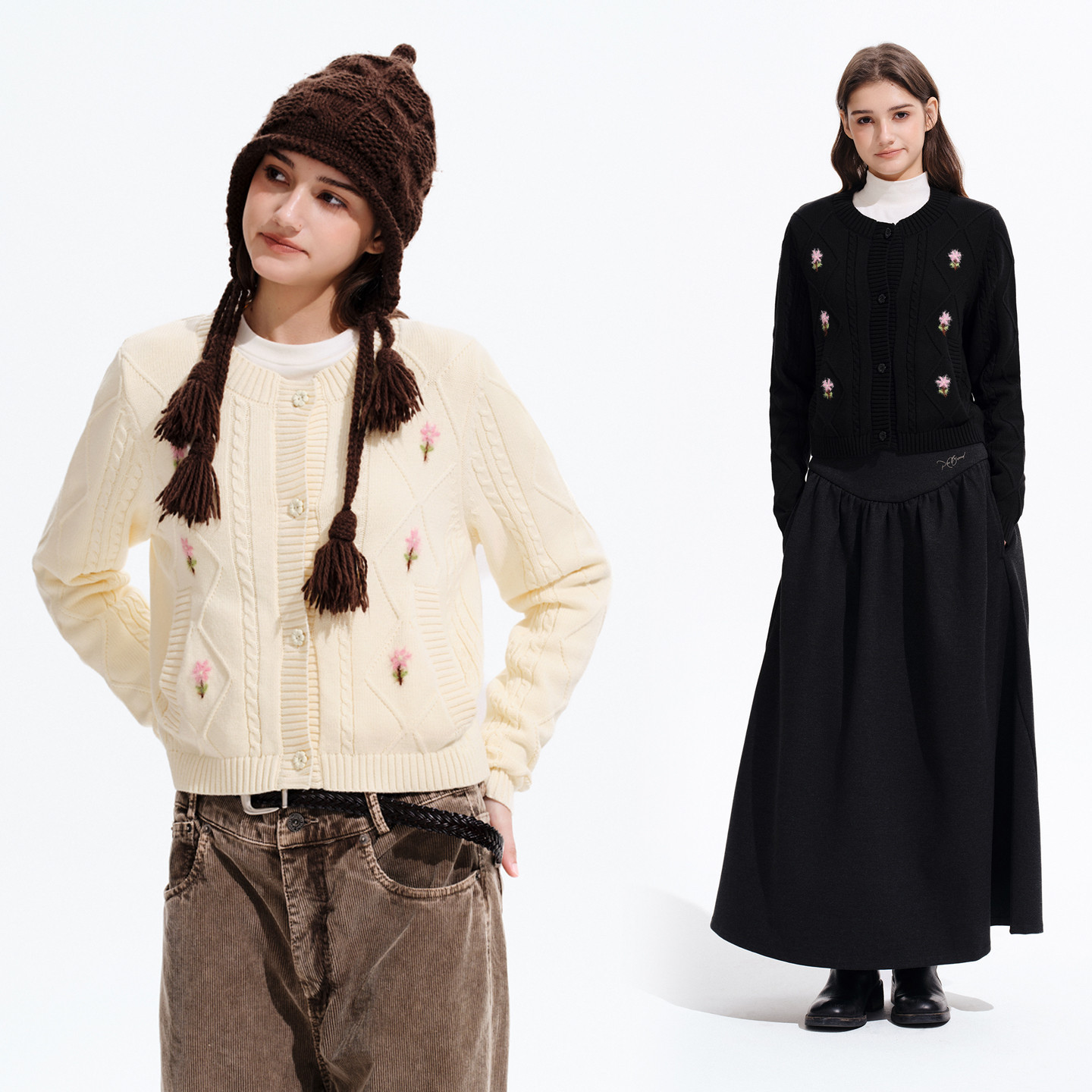 PSO Brand女装麻花纹圆领黑色毛衣开衫外套休闲女士针织衫春季