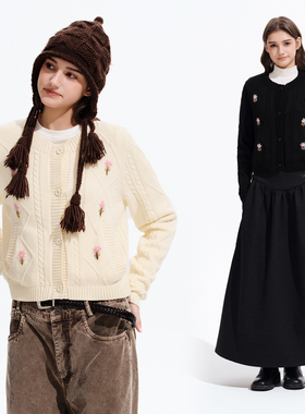 PSO Brand女装麻花纹圆领黑色毛衣开衫外套休闲女士针织衫春季