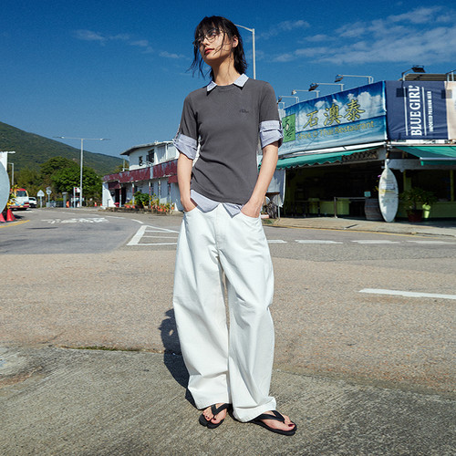 PSO Brand女装格纹休闲宽松直筒白色工装裤女款百搭弯刀夏季长裤