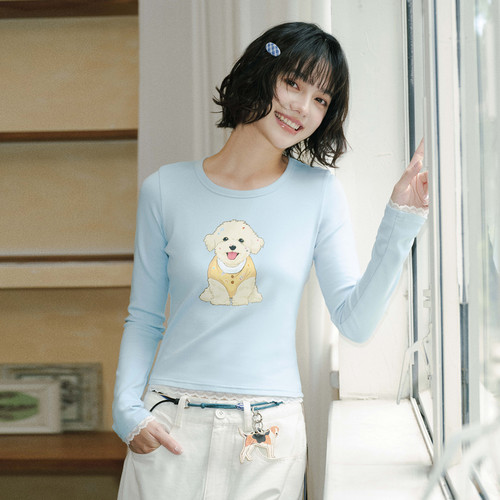 PSO Brand女装可爱贴纸小狗圆领长袖T恤女修身打底衫上衣秋季百搭
