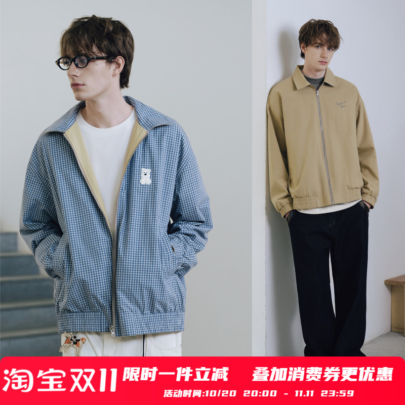 PSO Brand 男装女装双面穿可爱西高地刺绣格纹翻领拉链夹克外套潮
