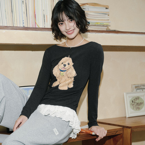 PSO Brand女装可爱可卡一字肩上衣抽褶长袖T恤内搭打底衫百搭秋季