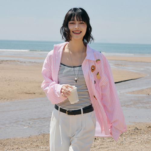 PSO Brand 男装女装可爱小物毛织纽扣粉色条纹衬衫长袖衬衣外套