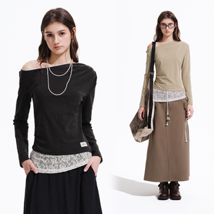 修身 PSO T恤女款 拼接蕾丝针织休闲长袖 显瘦斜肩上衣潮牌 Brand女装