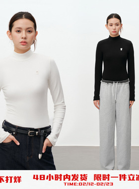 PSO Brand女装可爱小狗高领修身显瘦长袖t恤女保暖打底衫黑色上衣