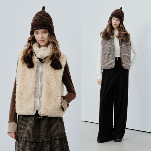 PSO Brand女装双面穿千鸟格翻领毛绒马甲背心保暖毛呢女款马夹