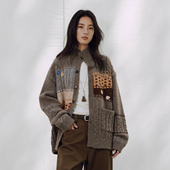 花花刺绣复古撞色棕色毛衣外套宽松针织开衫 PSO Brand女装 毛线衣