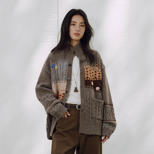 毛线衣 花花刺绣复古撞色棕色毛衣外套宽松针织开衫 PSO Brand女装