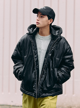 PSO Brand男装女装黑色仿皮微皱纹路可拆卸帽宽松棉服女款外套冬