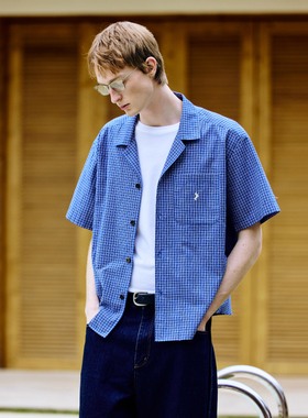 PSO Brand男装女装【BoxyFit】蓝色短宽衬衣刺绣小狗短袖格子衬衫