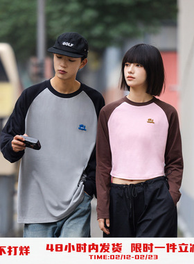 PSO Brand男装女装26支280克双纱可爱小狗撞色插肩袖长袖T恤打底