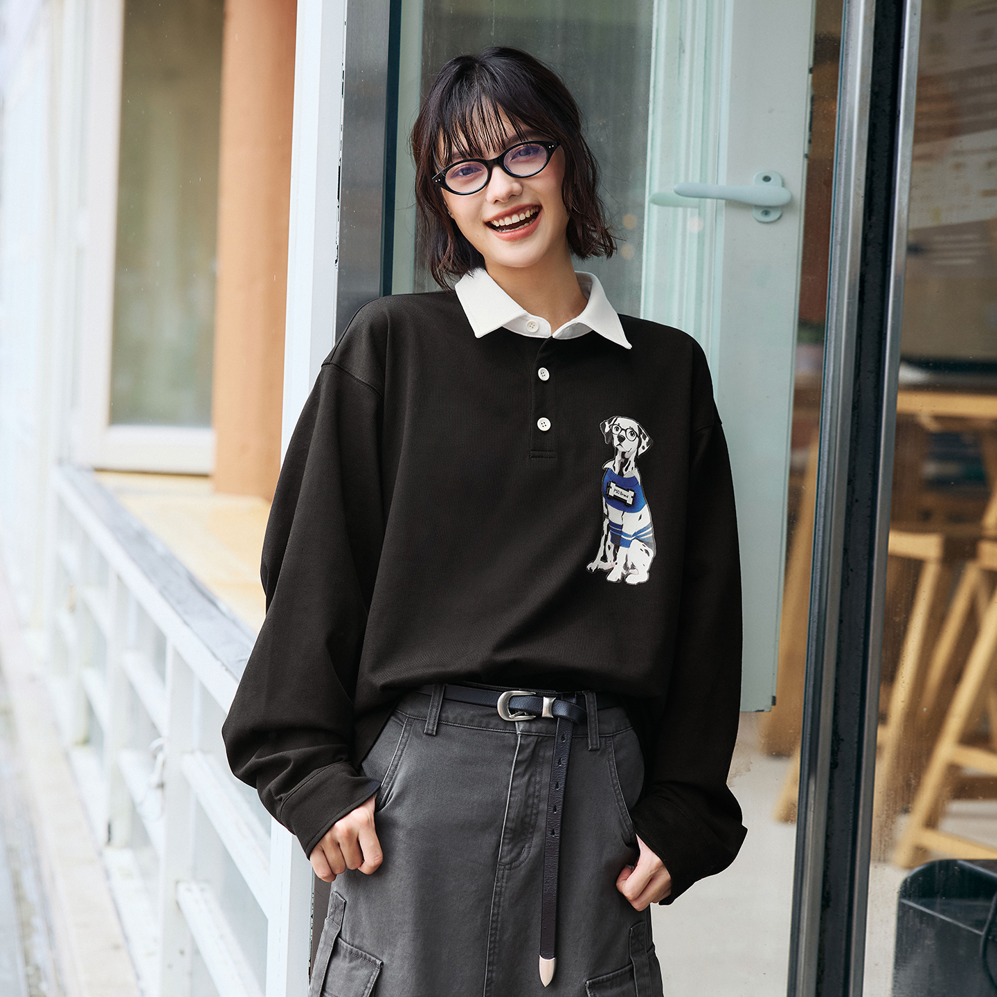 PSO Brand男装女装假两件撞色领可爱斑点狗针织长袖POLO衫上衣