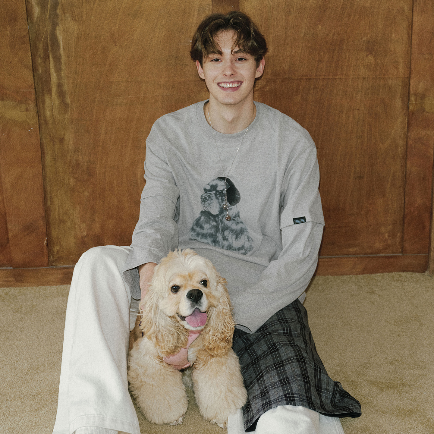 PSO Brand男装女装【假两件】模糊耳机小狗长袖T恤宽松情侣上衣秋