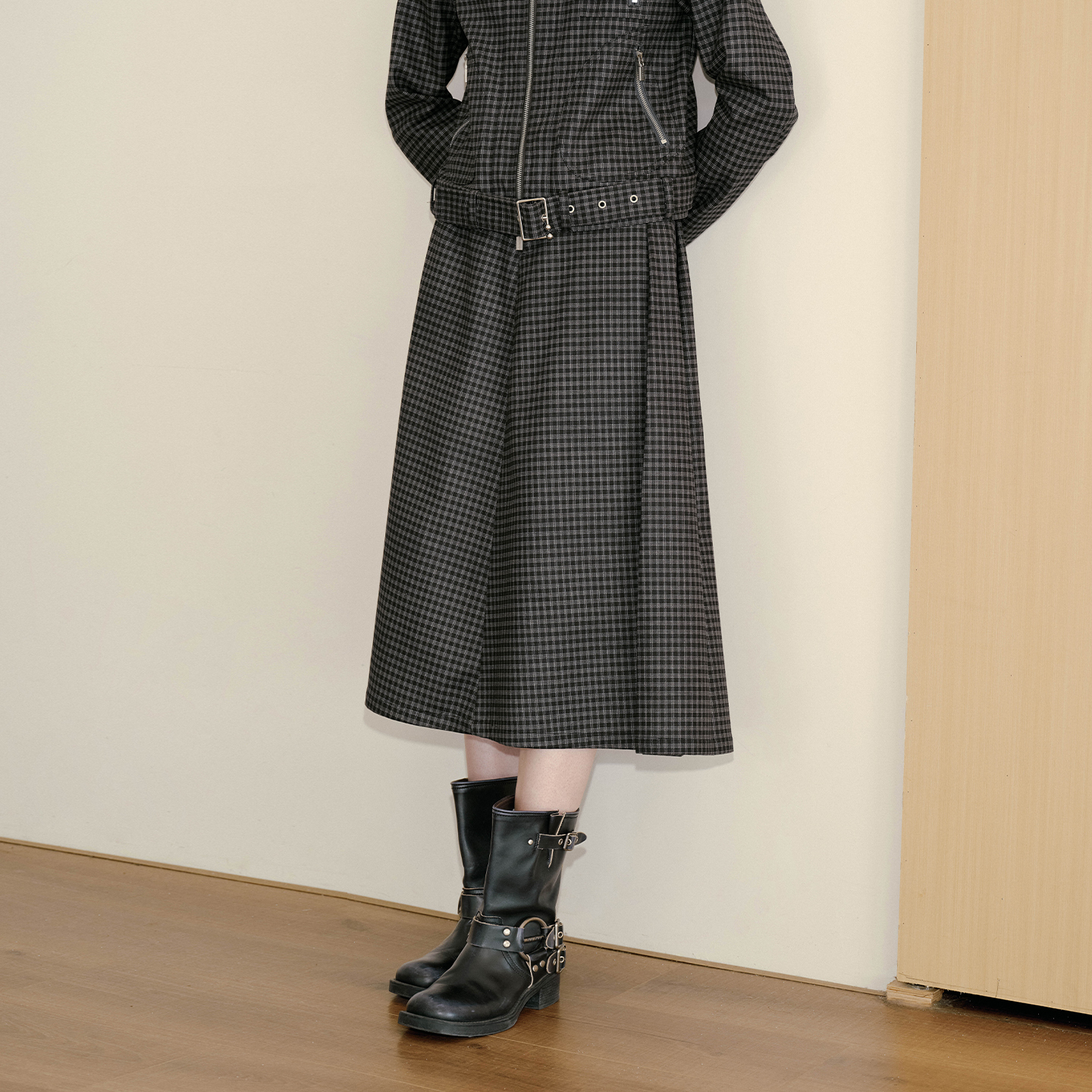 PSO Brand女装复古格子显瘦A字半身长裙设计感长款半百褶裙百搭秋