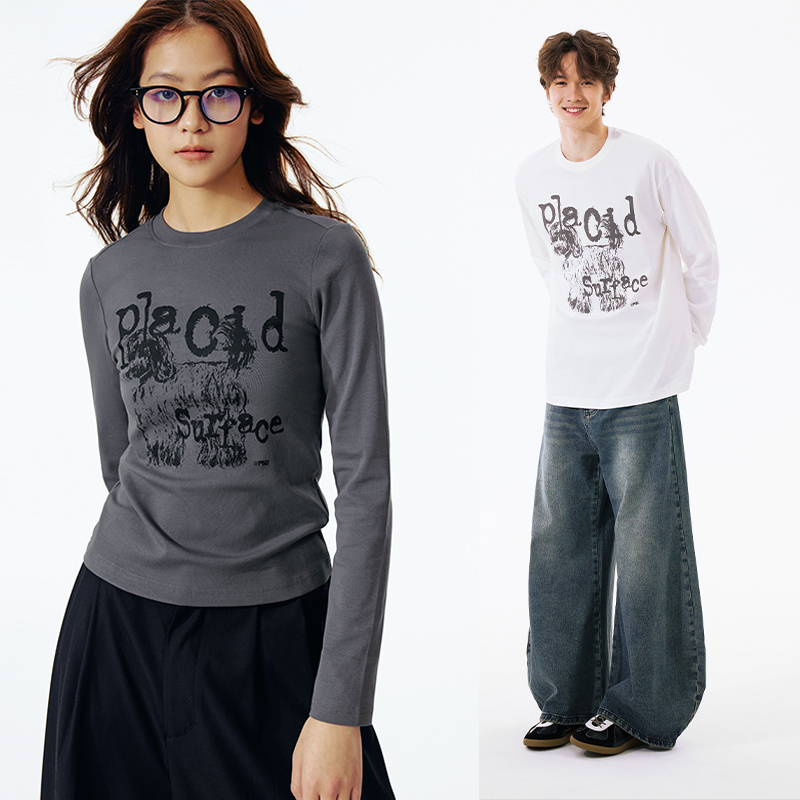 PSO Brand男装女装针织长毛小狗圆领长袖T恤休闲体恤衫宽松潮百搭