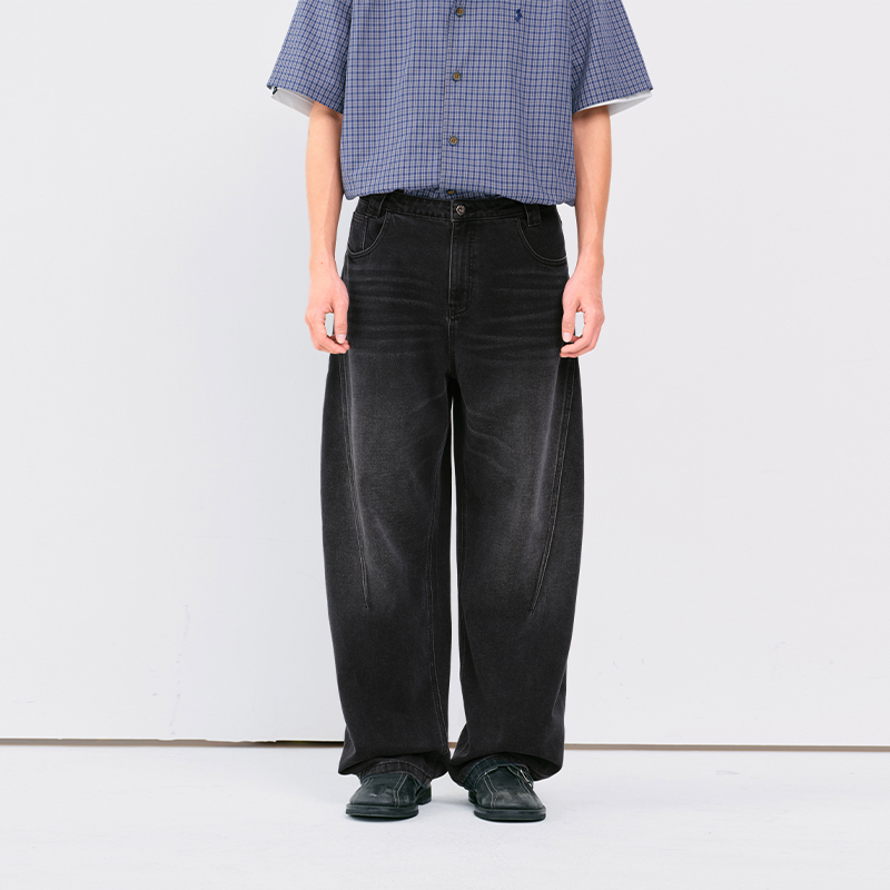 PSO Brand男装女装弯刀垂坠感黑色美式牛仔裤宽松阔腿休闲长裤夏