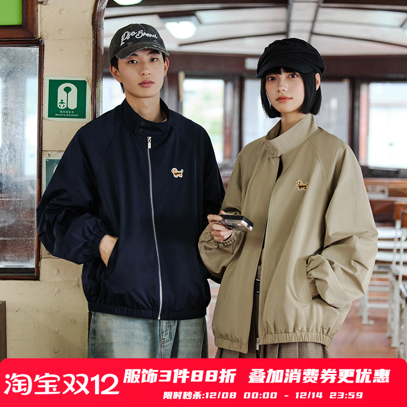 PSO Brand男装女装可爱小狗风衣宽松拉链立领飞行员夹克外套秋潮