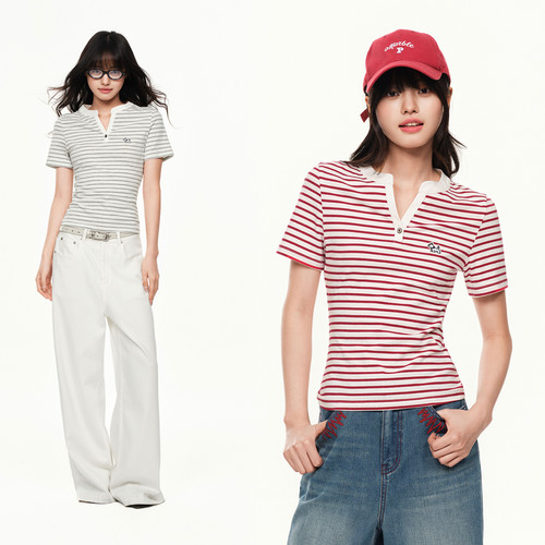 PSO Brand女装可爱小狗V领条纹修身短袖t恤女收腰显瘦上衣夏季