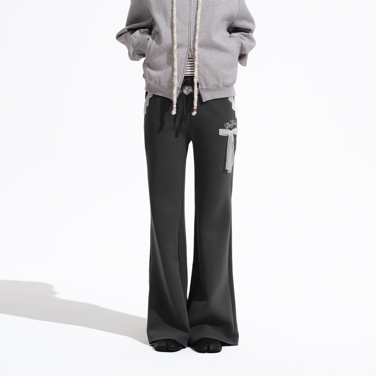 PSO Brand女装空气层拼接蕾丝针织灰色卫裤女款休闲高腰喇叭长裤