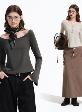 PSO Brand女装【莫代尔】宽领修身一字肩上衣高级感休闲长袖T恤