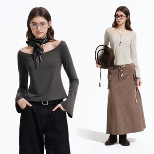 一字肩上衣高级感休闲长袖 PSO 宽领修身 莫代尔 T恤 Brand女装