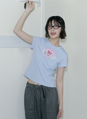 PSO Brand女装可爱西高地罗纹针织小狗贴布格纹短袖T恤上衣半袖夏