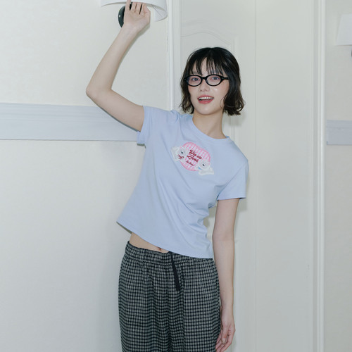 PSO Brand女装可爱西高地罗纹针织小狗贴布格纹短袖T恤上衣半袖夏