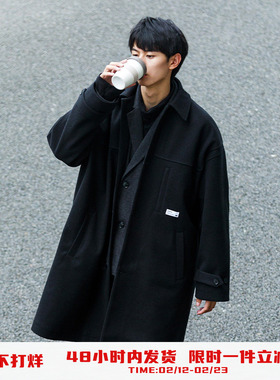 PSO Brand男装女装保暖翻领黑色毛呢大衣男宽松冬季呢子外套情侣