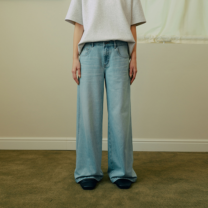 PSO Brand 女装11.5盎司水洗蓝色做旧牛仔直筒宽松长裤拖地裤潮牌