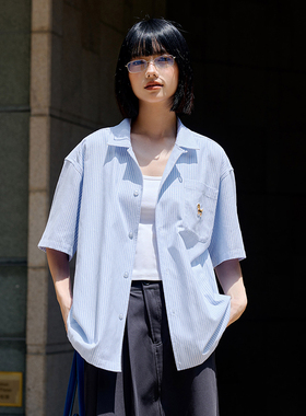 PSO Brand 男装女装竖条纹可爱小狗古巴领短袖衬衫浅蓝色休闲宽松