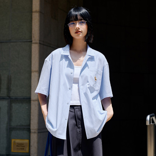 PSO Brand 男装女装竖条纹可爱小狗古巴领短袖衬衫浅蓝色休闲宽松