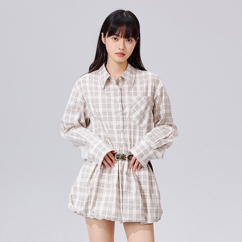 PSO Brand女装格纹提花长袖衬衫花苞连衣裙A字收腰秋季设计感裙子